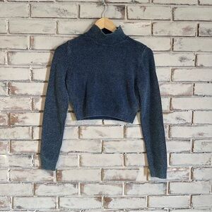 Zara blue mock neck cropped long sleeve sweater NEW